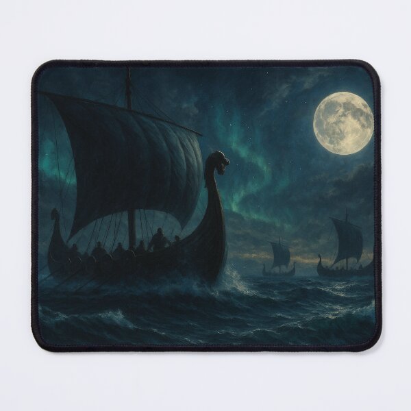 Item preview, Viking Longships on a Stormy Sea under the Moon and Northern Lights – Epic Nordic Wall Art designed and sold by NorseDrip.