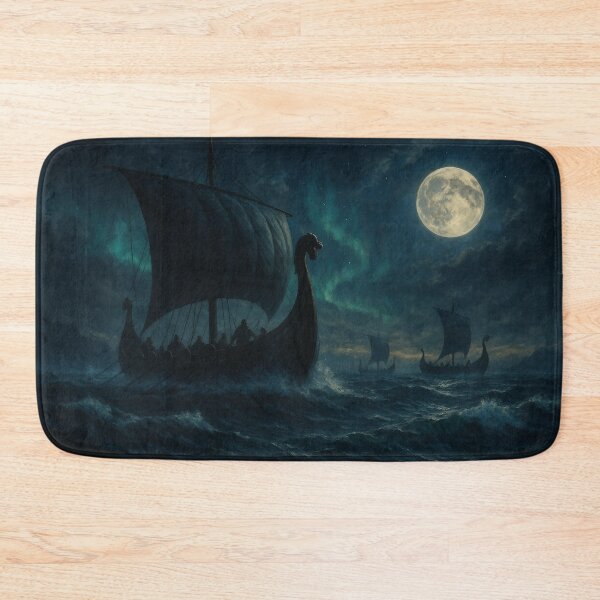 Item preview, Viking Longships on a Stormy Sea under the Moon and Northern Lights – Epic Nordic Wall Art designed and sold by NorseDrip.
