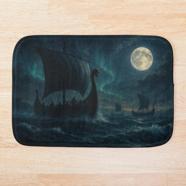 Item preview, Barcos vikingos en un mar tempestuoso bajo la luna y la aurora boreal: arte mural nórdico épico designed and sold by NorseDrip.