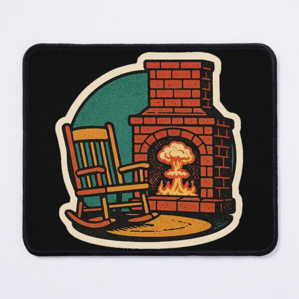 Item preview, Cozy Apocalypse Fireplace Sticker – Retro Comic Atomic Explosion in Warm Vintage Living Room, Dark Humor Retro Art designed and sold by JacobKAurumhead.