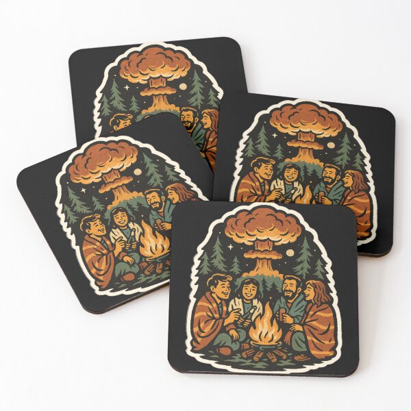 Item preview, Cozy Apocalypse Campfire Sticker – Retro Comic Friends by Fire in Forest with Atomic Explosion, Dark Humor Art designed and sold by JacobKAurumhead.