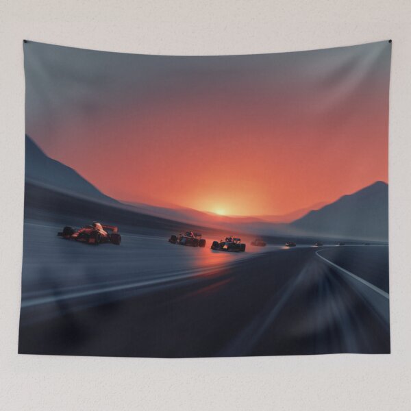 Item preview, Sunset gradient backdrop with Formula 1 cars in motion Art Inspired By Nature And The Active Outdoors designed and sold by CDC40.