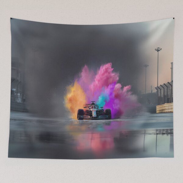 Item preview, Formula 1 car kicking up splashes of colour during a race Art Inspired By Nature And The Active Outdoors designed and sold by CDC40.