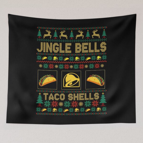 Aperçu de l'œuvre Pull de Noël moche et drôle avec des coquilles de tacos et des clochettes de Noël créée et vendue par lyrouyolwao.