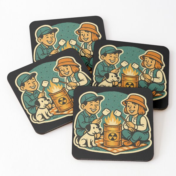 Item preview, Retro Dark Humor Sticker – Kids and Dog Roasting Marshmallows on Radioactive Barrel, Cozy Apocalypse Art designed and sold by JacobKAurumhead.
