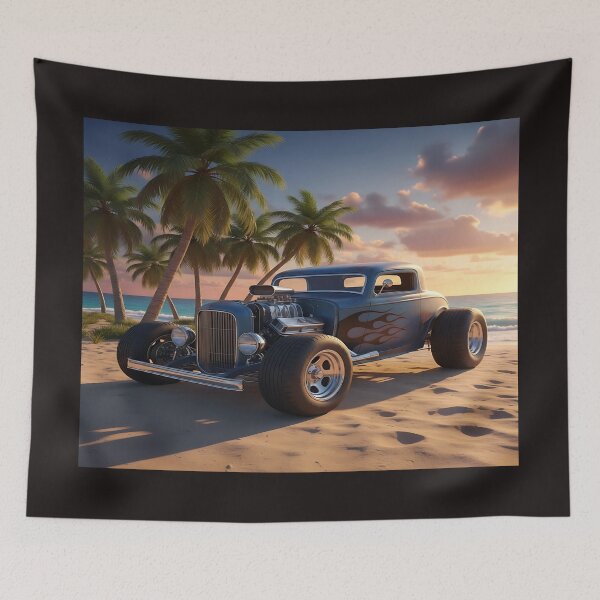Item preview, Blue Hot Rod on a Beach at Sunset  designed and sold by Friends Custom Creations.