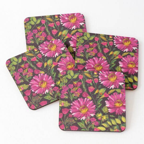 Item preview, Pink Zinnias with Green Leaves on Dark Background designed and sold by SassyArtistry.
