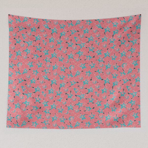 Item preview, Blossoming multi layer flowers seamless pattern on deep sea green print designed and sold by RosebudTextilesArt.