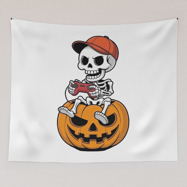 Aperçu de l'œuvre Halloween Gamer Skeleton Pumpkin Jeux vidéo créée et vendue par Vastingan.