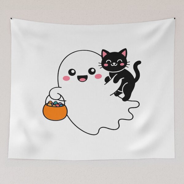 Item preview, Happy Ghost Carrying Candy with Black Cat  designed and sold by CraftyCuttable.