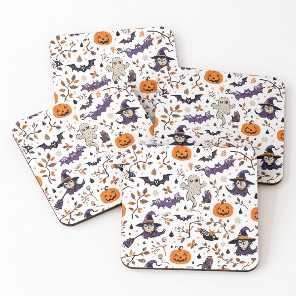 Item preview, Seamless Halloween doodle pattern featuring ghosts, bats, witch, and pumpkins on a white background, illustration designed and sold by PWDigitalArt.