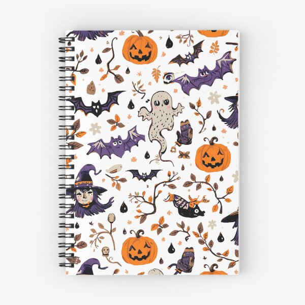 Item preview, Seamless Halloween doodle pattern featuring ghosts, bats, witch, and pumpkins on a white background, illustration designed and sold by PWDigitalArt.