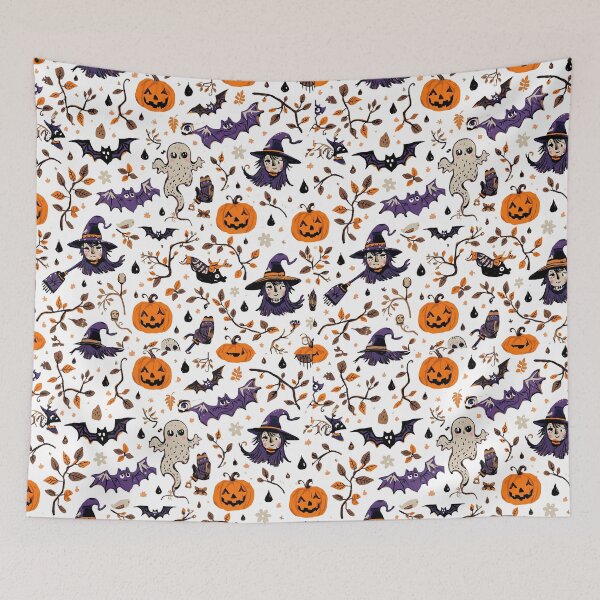 Item preview, Seamless Halloween doodle pattern featuring ghosts, bats, witch, and pumpkins on a white background, illustration designed and sold by PWDigitalArt.