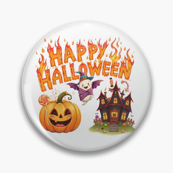 Item preview, Happy Halloween greeting with cute pumpkins ghosts bats haunted house and witch hat on white background designed and sold by PWDigitalArt.