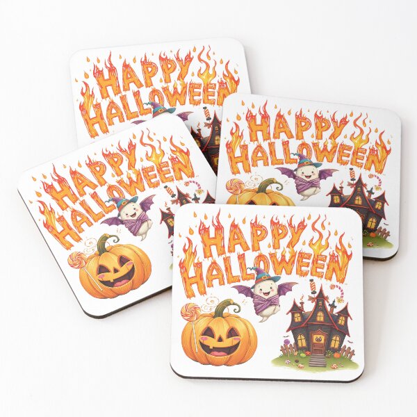 Item preview, Happy Halloween greeting with cute pumpkins ghosts bats haunted house and witch hat on white background designed and sold by PWDigitalArt.