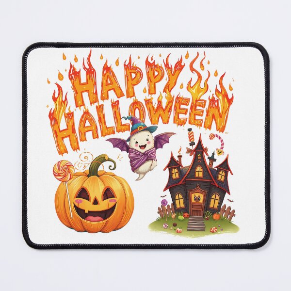 Item preview, Happy Halloween greeting with cute pumpkins ghosts bats haunted house and witch hat on white background designed and sold by PWDigitalArt.