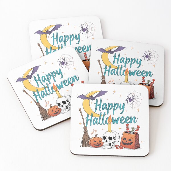 Item preview, Happy Halloween scene with pumpkins ghosts skull crescent spider web and bat moon and candles designed and sold by PWDigitalArt.