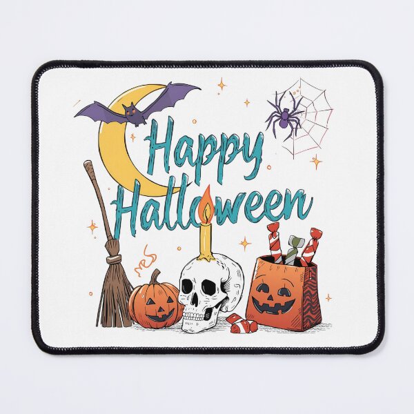 Item preview, Happy Halloween scene with pumpkins ghosts skull crescent spider web and bat moon and candles designed and sold by PWDigitalArt.