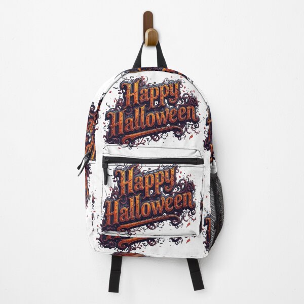 Item preview, ack-o'-lantern and wooden sign with the words happy halloween surrounded by autumn leaves and illuminated by warm lights designed and sold by PWDigitalArt.