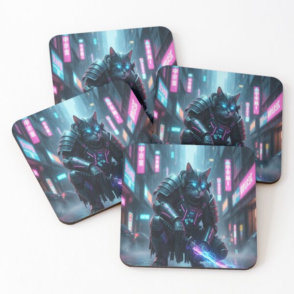 Item preview, Cyberpunk Samurai Cat Neon Futuristic Warrior Artwork designed and sold by Neko-Doodle-co.