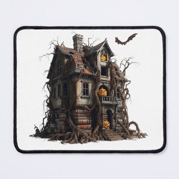 Item preview, Spooky haunted house with bats, pumpkins, and a dark, scary sky on a Halloween night designed and sold by PWDigitalArt.