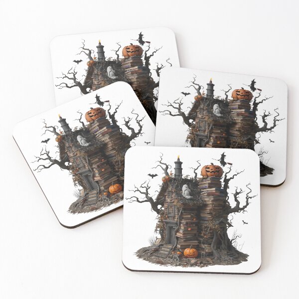 Item preview, Haunted House on a Hill Surrounded by Pumpkins and Bats with Glowing Windows designed and sold by PWDigitalArt.