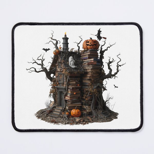 Item preview, Haunted House on a Hill Surrounded by Pumpkins and Bats with Glowing Windows designed and sold by PWDigitalArt.