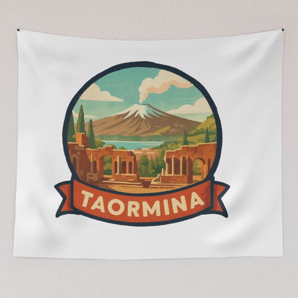 Item preview, Taormina Sicily Travel Poster – Greek Theatre & Mount Etna Vintage Design designed and sold by The Digital Compass.
