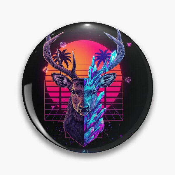 Item preview, Stylized Deer Head Split into Realistic and Low-Poly Crystal Halves with Neon Synthwave Retro 80s Design designed and sold by PixelVibe782.
