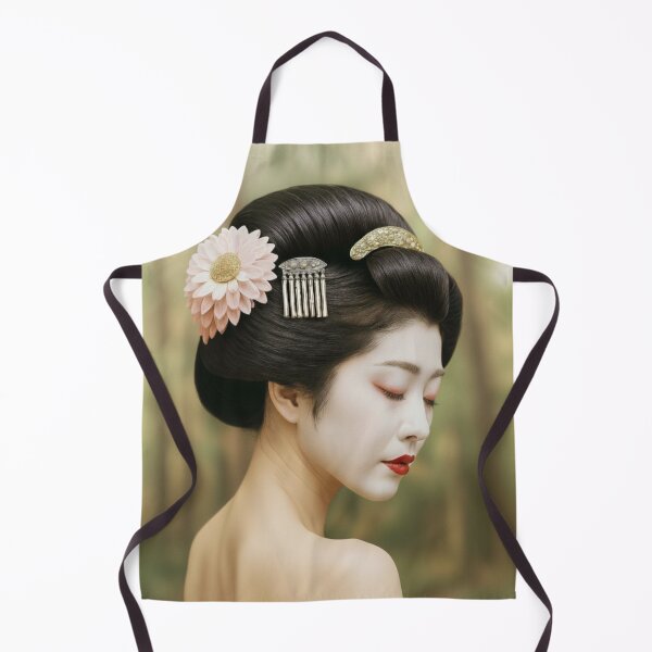 Item preview, Geisha-Inspired Japanese Portrait with Kanzashi Pink Flower and Glossy Updo, Porcelain Skin, Forest Background designed and sold by AnTartstudios.
