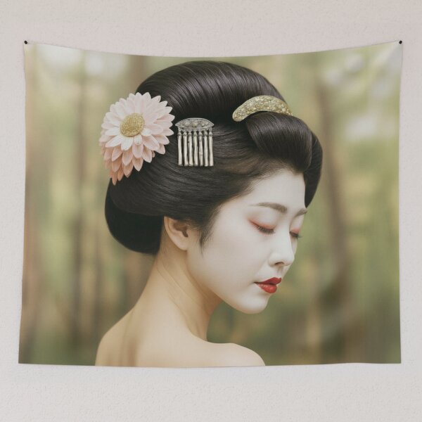 Item preview, Geisha-Inspired Japanese Portrait with Kanzashi Pink Flower and Glossy Updo, Porcelain Skin, Forest Background designed and sold by AnTartstudios.