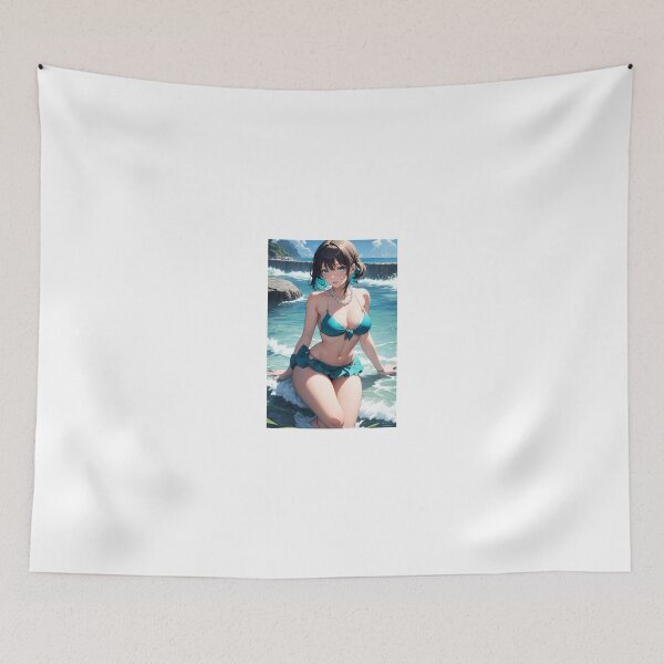 Item preview, Seaside Serenity: Tropical Beauty in a Blue Ruffle Bikini and Pearl Necklace designed and sold by iloveanimechibi.