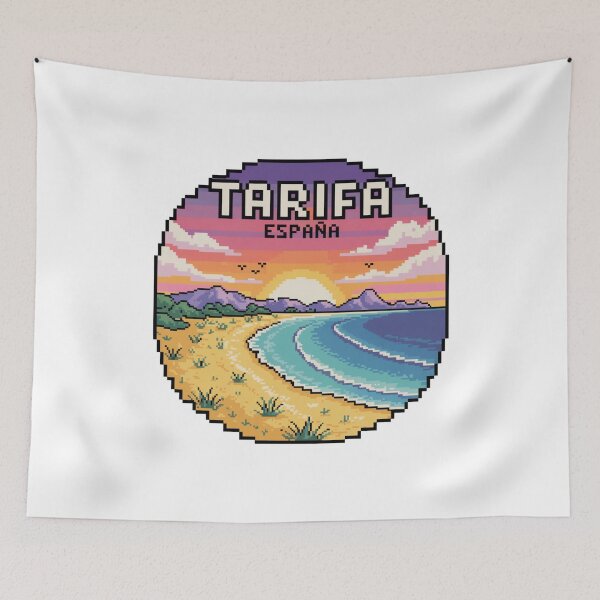 Item preview, Tarifa España – Escena de playa al atardecer en pixel art, calcomanía retro de viaje costero designed and sold by CircinusStore.