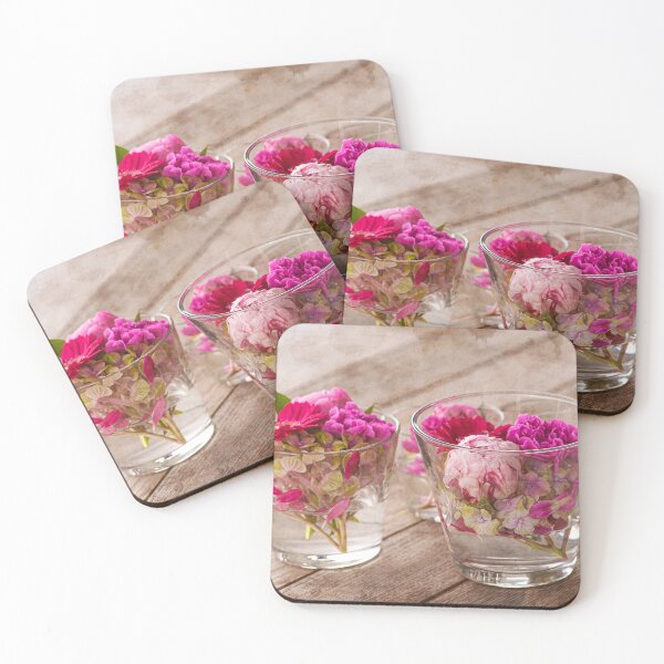 Item preview, Beautiful Fresh Mixed Flowers Arranged in Glass Vases on Wooden Table Surface with textured effect designed and sold by FotoMahieu.