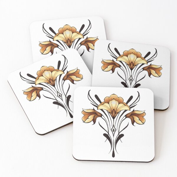 Item preview, Golden Art Nouveau Lily Bloom: Symmetrical Floral Illustration on Black Background designed and sold by Vikiink.