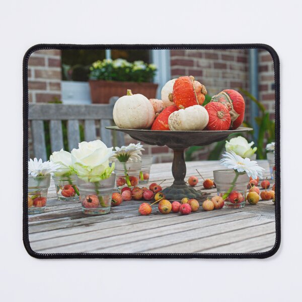 Item preview, Decorative Autumn Table Setting with Pumpkins and Flowers Outdoors designed and sold by FotoMahieu.