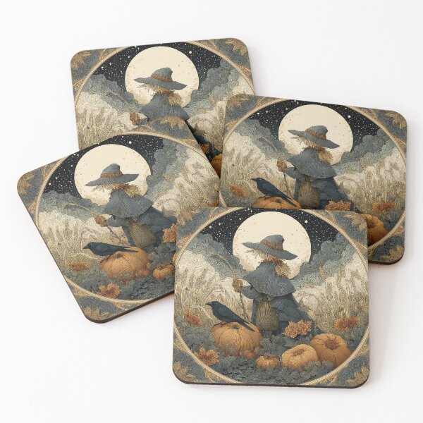 Item preview, scarecrow with pumpkins and stars in the sky, surrounded by wheat fields under moonlight designed and sold by thewandswant.