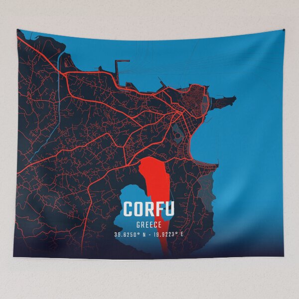Item preview, Corfu Red & Blue Minimalist Map designed and sold by HomeLivingCo.