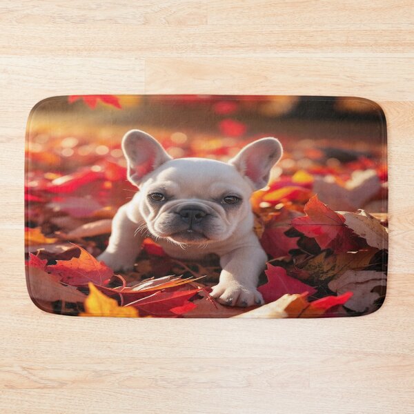 Artikelvorschau, Ein französischer Bulldoggenwelpe interagiert spielerisch mit Herbstblättern entworfen und verkauft von Cultradesign.