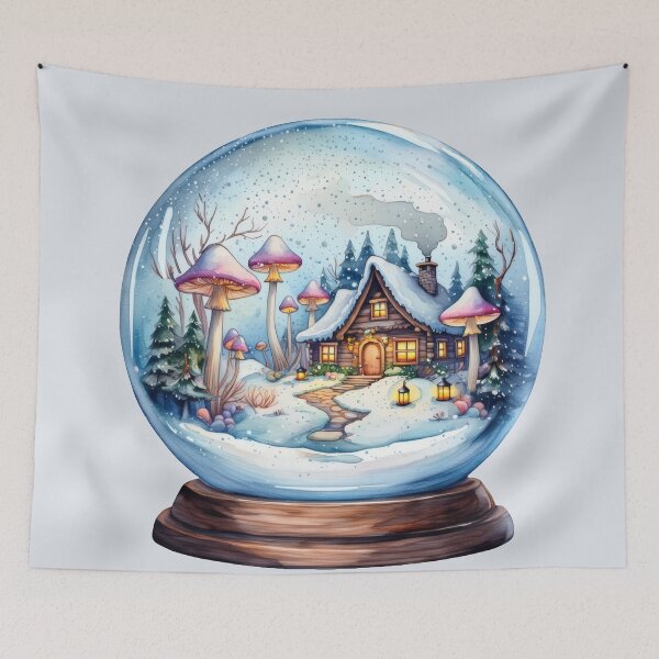 Item preview, Winter Snow Globe Cottage with Mushrooms | Cozy Goblincore Art designed and sold by Ombrya.