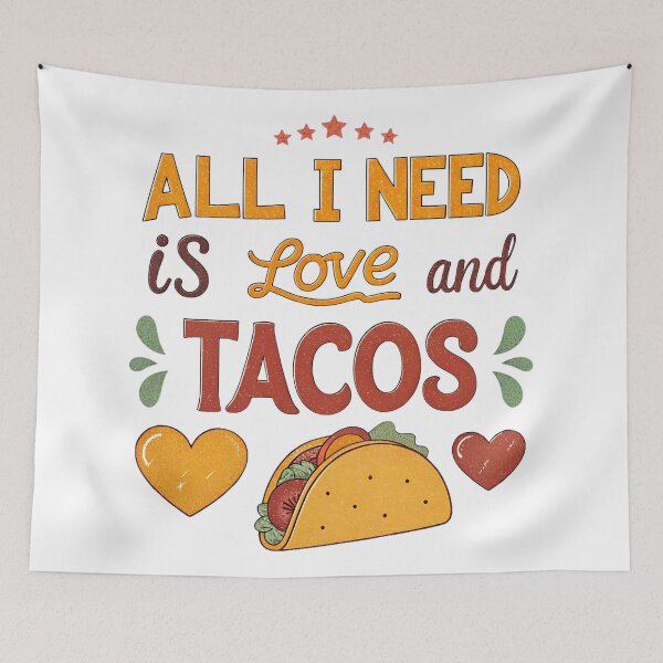 Item preview, All I Need Is Love and Tacos Retro 70s Font Funny Food Design designed and sold by VividOrganica.