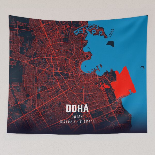 Item preview, Doha Red & Blue Minimalist Map designed and sold by HomeLivingCo.