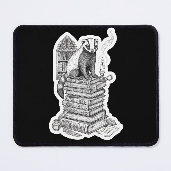 Item preview, The Scholar Honey Badger: Dark Academia Aesthetic Black & White Ink Sketch of a Ratel Sitting on a Stack of Vintage Books with Candlelight designed and sold by bvdesignart.