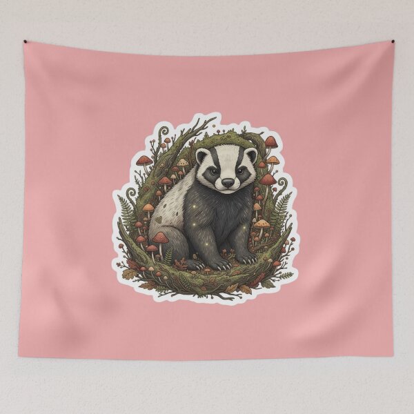 Item preview, Adorable Honey Badger in Cozy Forest Den: Cute Woodland Animal and Mushroom Cottagecore Aesthetic Sticker Design designed and sold by bvdesignart.