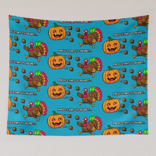 Item preview, Menacing Pumpkin Pursues Turkey in Pixel Art Style designed and sold by SplashTastic.