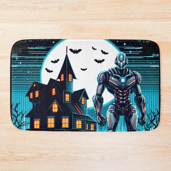 Item preview, Cybernetic Guardian and Haunted House Halloween Scene - Pixel Art. designed and sold by The-T-In-Retro.