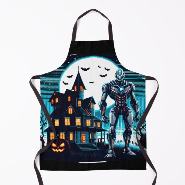 Item preview, Cybernetic Guardian and Haunted House Halloween Scene - Pixel Art. designed and sold by The-T-In-Retro.