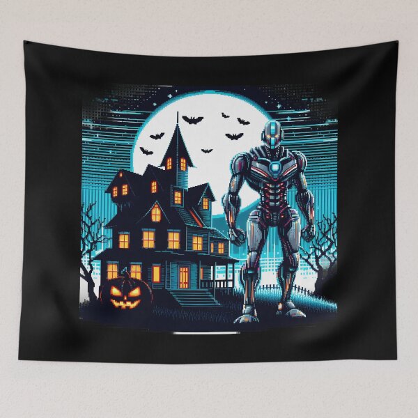 Item preview, Cybernetic Guardian and Haunted House Halloween Scene - Pixel Art. designed and sold by The-T-In-Retro.