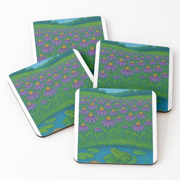 Item preview, Purple Coneflower Meadow with Frog on Lily Pond – Floral Nature Art for Everyone designed and sold by Lunaria Arts.