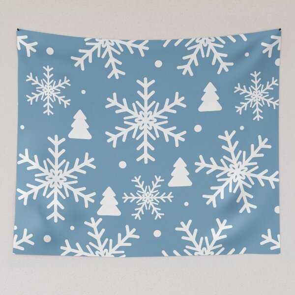 Item preview, Winter with white snowflakes and fir trees on a light blue background Small white dots are scattered designed and sold by Crispifly.